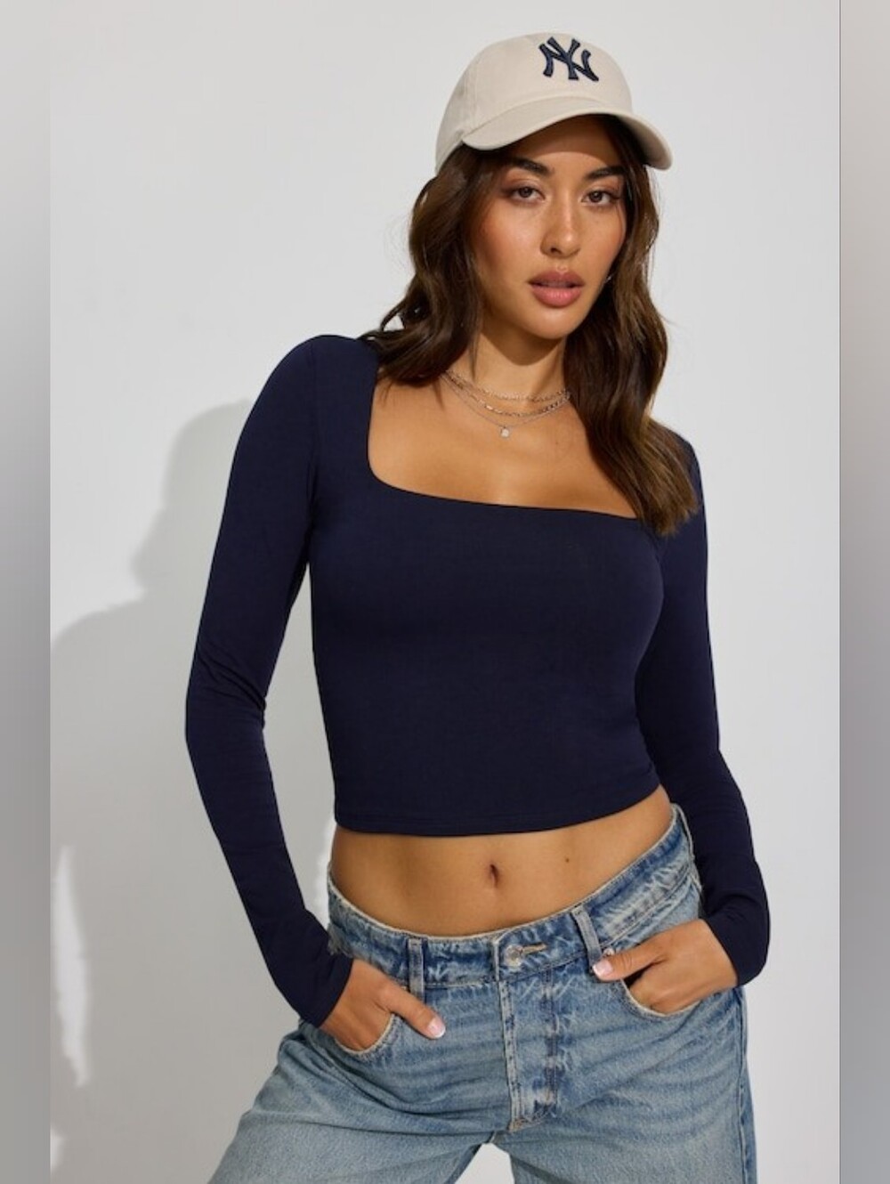 Garage Long Sleeve Square Neck Crop Top - Navy
